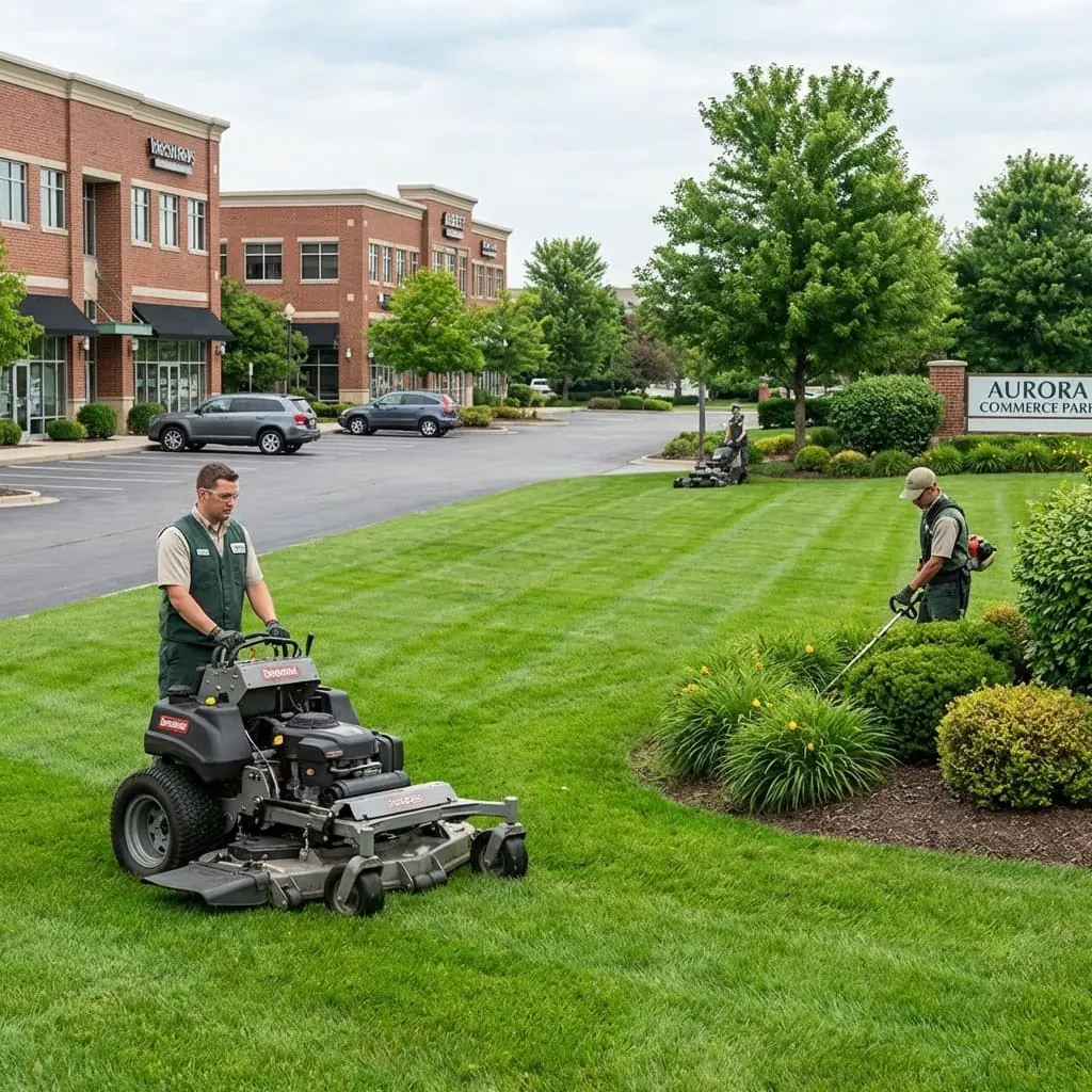 Gusjanettos Landscaping Co crew maintaining a commercial property in Aurora, Illinois