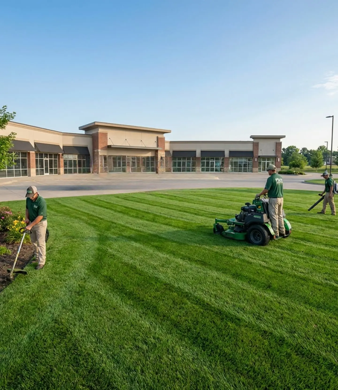 Gusjanettos Landscaping crew maintaining a commercial property in Aurora, IL